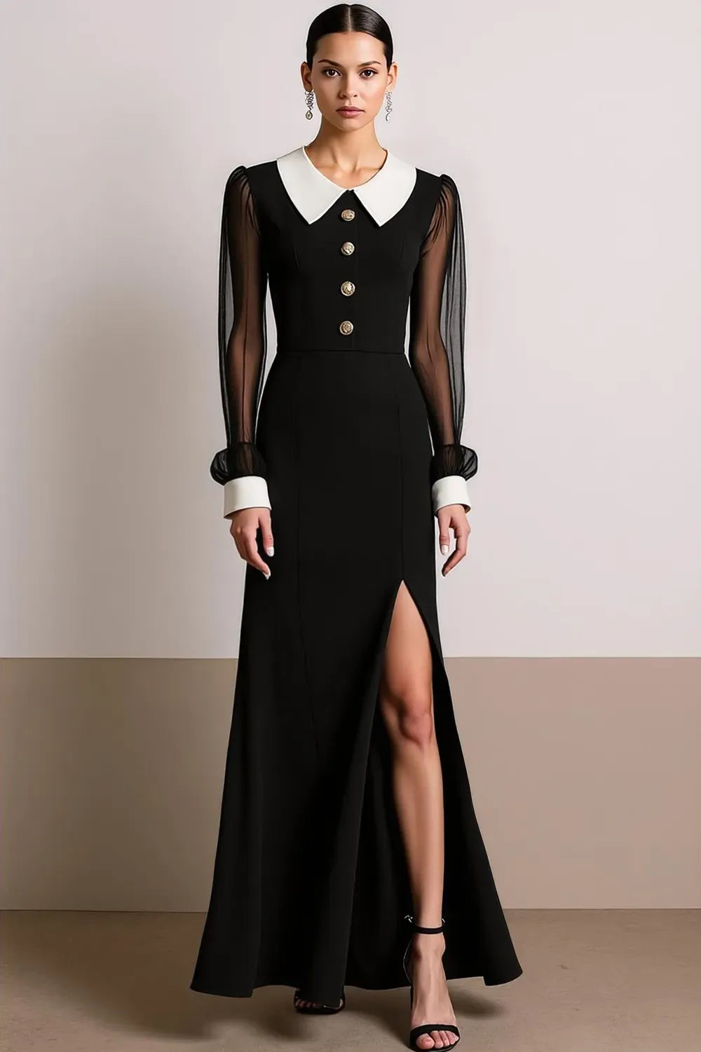 Loverlm black A-line evening dress with white Peter Pan collar, sheer long sleeves, gold buttons and front slit
