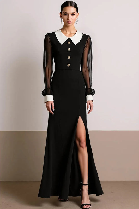 Loverlm black A-line evening dress with white Peter Pan collar, sheer long sleeves, gold buttons and front slit