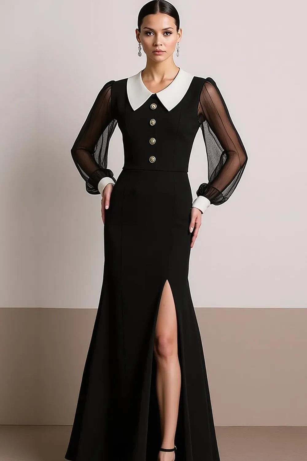 Elegant A-Line Peter Pan Collar Sheer Sleeve Zipper Back Evening Dress