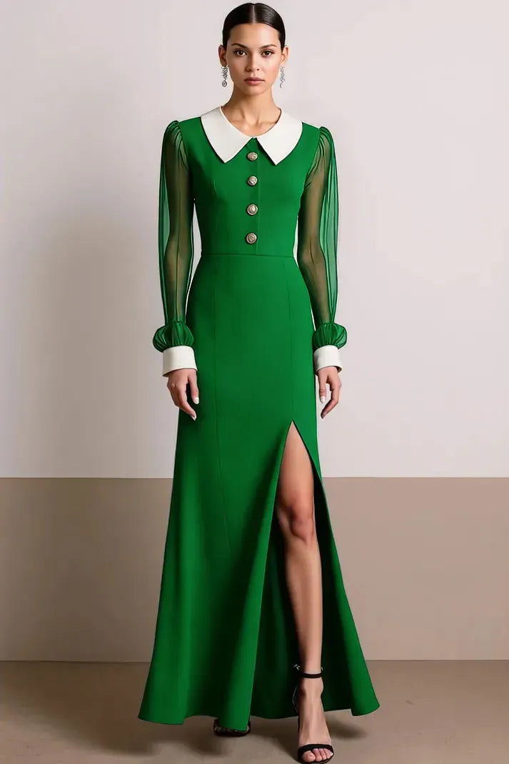 Elegant A-Line Peter Pan Collar Sheer Sleeve Zipper Back Evening Dress