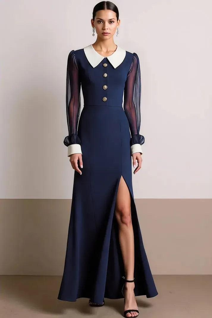 Elegant A-Line Peter Pan Collar Sheer Sleeve Zipper Back Evening Dress