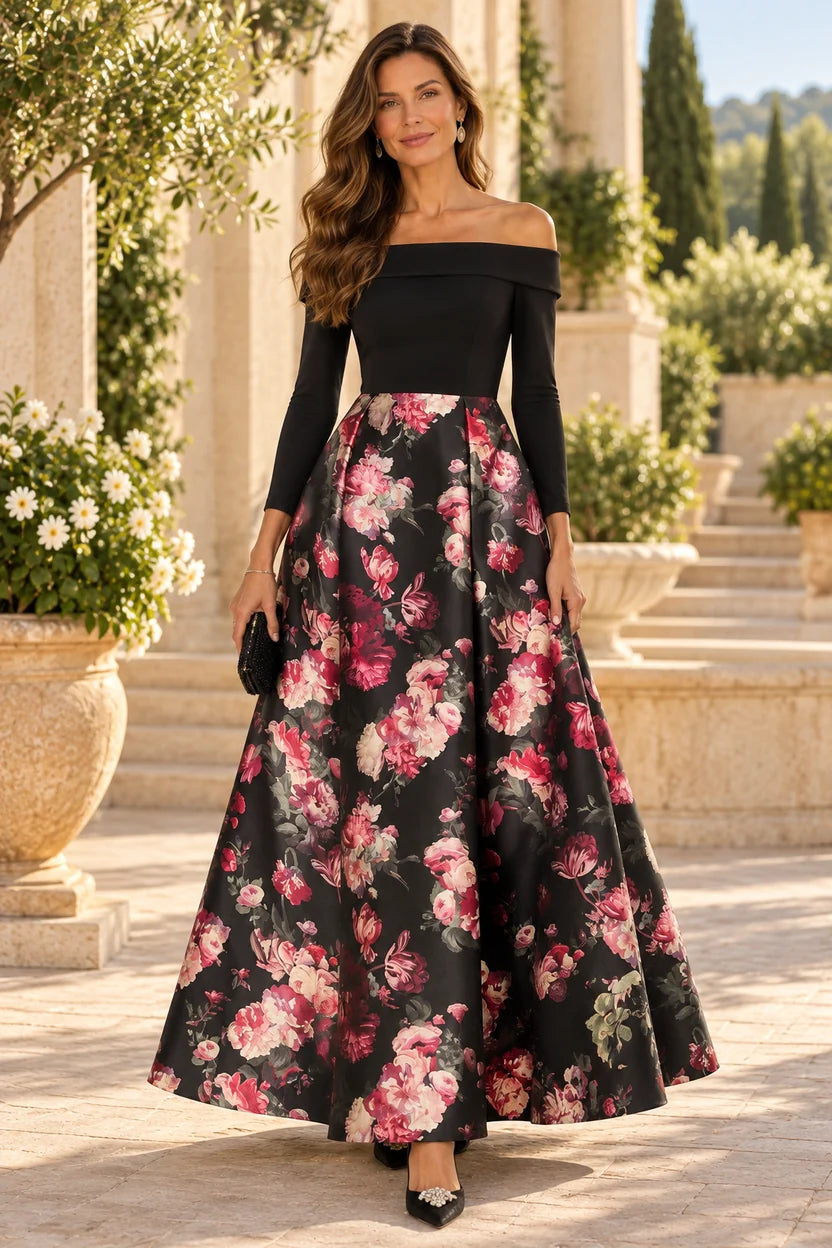 Loverlm black off-shoulder Mother of the Bride dress with three-quarter sleeves and pink floral A-line skirt front view
