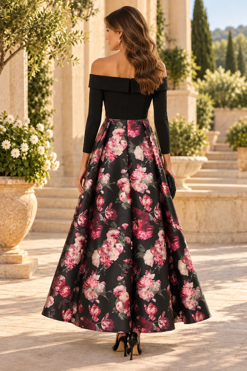 Elegant A-Line Off-Shoulder Three-Quarter Sleeve Satin Maxi Mother of the Bride Dress