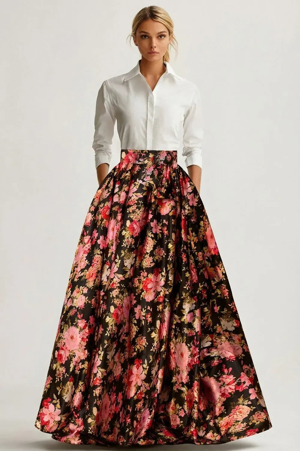 Loverlm white shirt and black pink floral evening dress with collared neckline, long sleeves, fitted waistband and floor-length A-line skirt