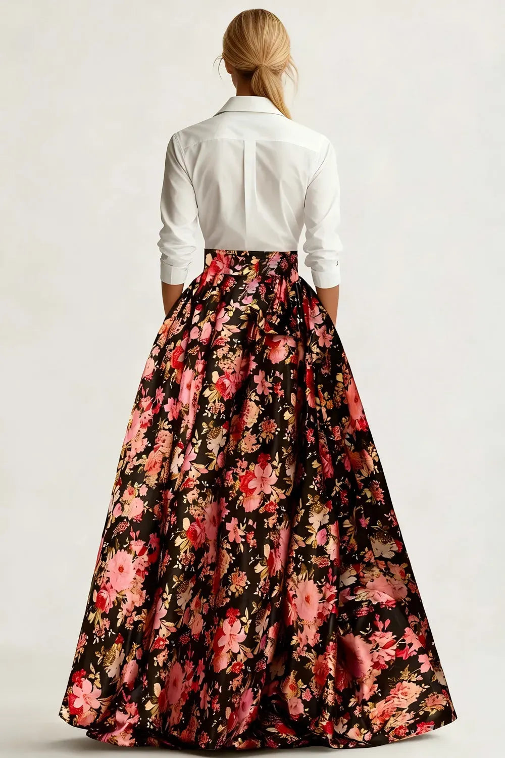 Elegant A-Line Collared Long Sleeve Zipper Back Floral Floor-Length Evening Dress