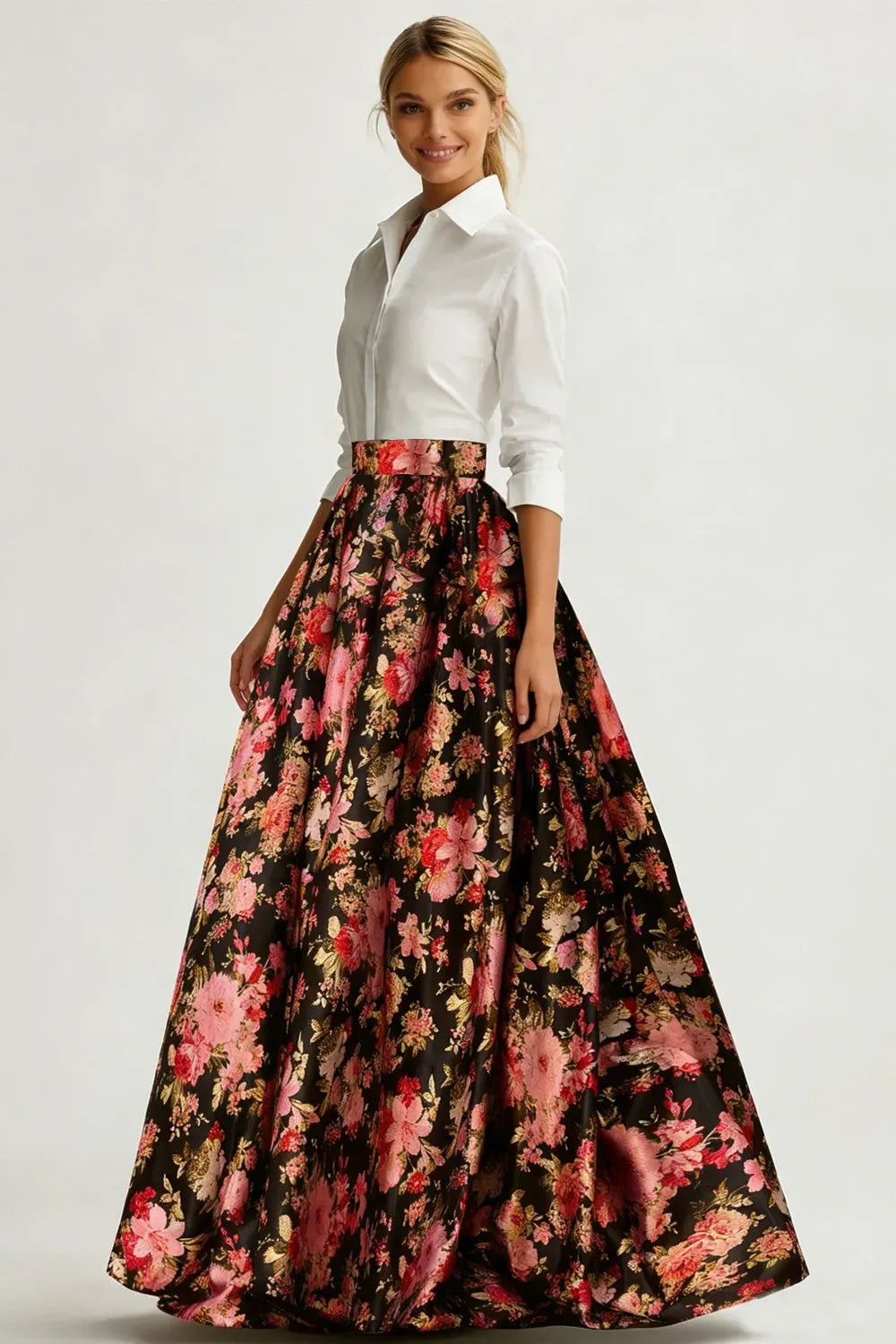 Elegant A-Line Collared Long Sleeve Zipper Back Floral Floor-Length Evening Dress