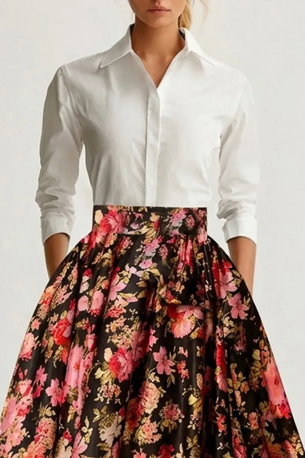 Elegant A-Line Collared Long Sleeve Zipper Back Floral Floor-Length Evening Dress