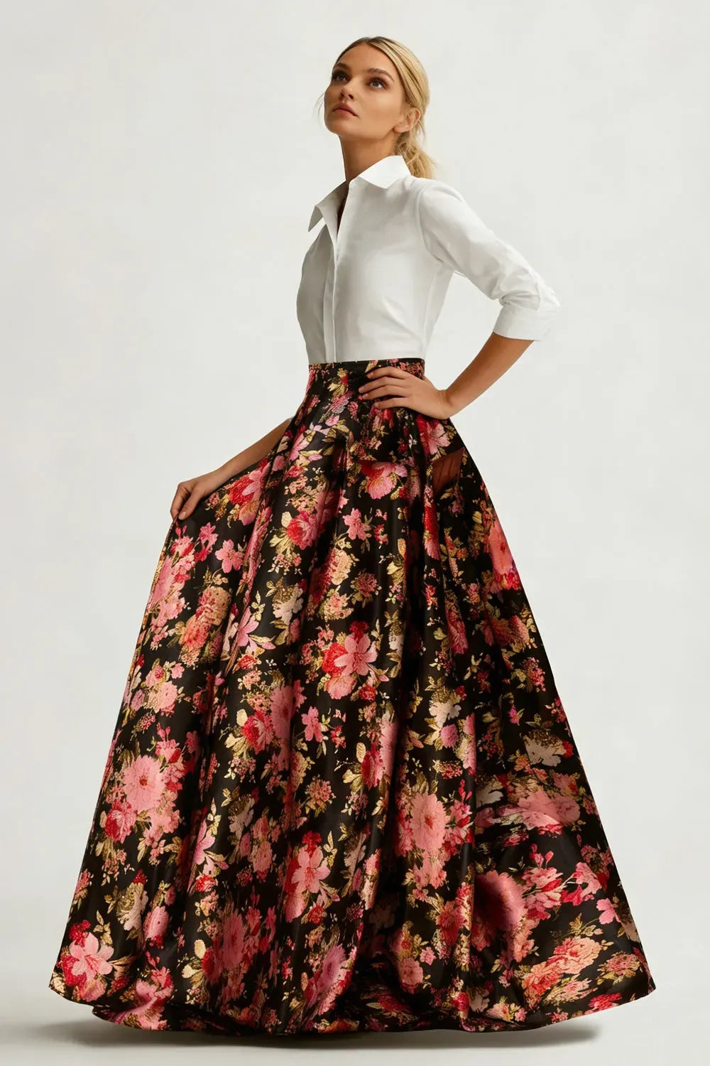 Elegant A-Line Collared Long Sleeve Zipper Back Floral Floor-Length Evening Dress