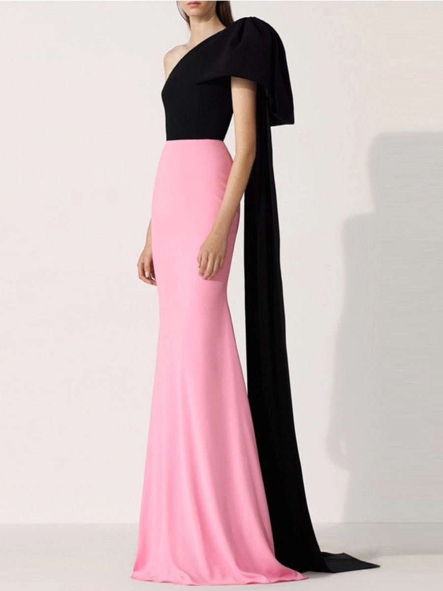 Loverlm black and pink one-shoulder bow-sleeve mermaid prom dress front view