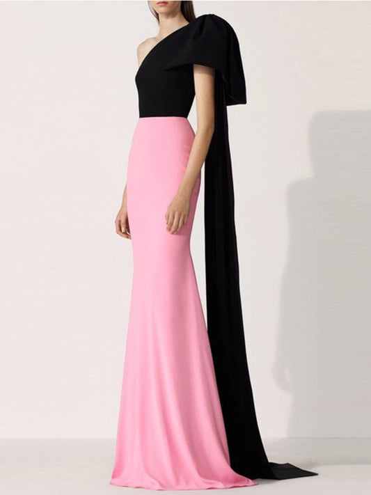 Loverlm black and pink one-shoulder bow-sleeve mermaid prom dress front view