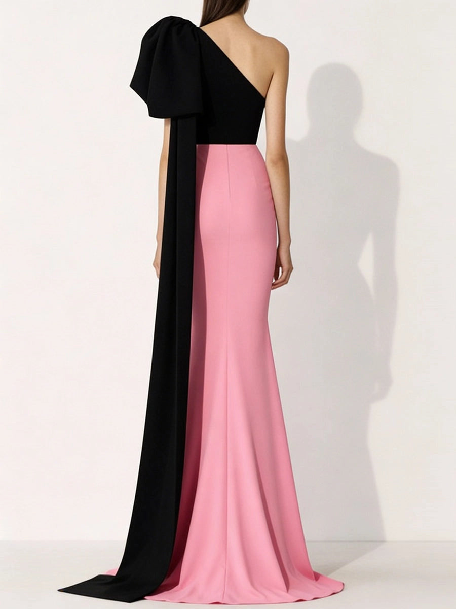 Dramatic Two-Tone Crepe Mermaid Asymmetric One-Shoulder Bow-Sleeve Zipper-Back Sweep-Train Prom Dress