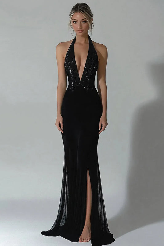 Loverlm black mermaid evening dress with plunging halter neckline, embellished bodice, front slit and sheer mesh hem