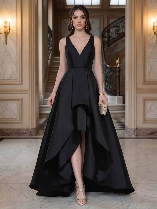 Front view of Loverlm black high-low prom dress with plunging V-neckline, sleeveless bodice and layered A-line skirt