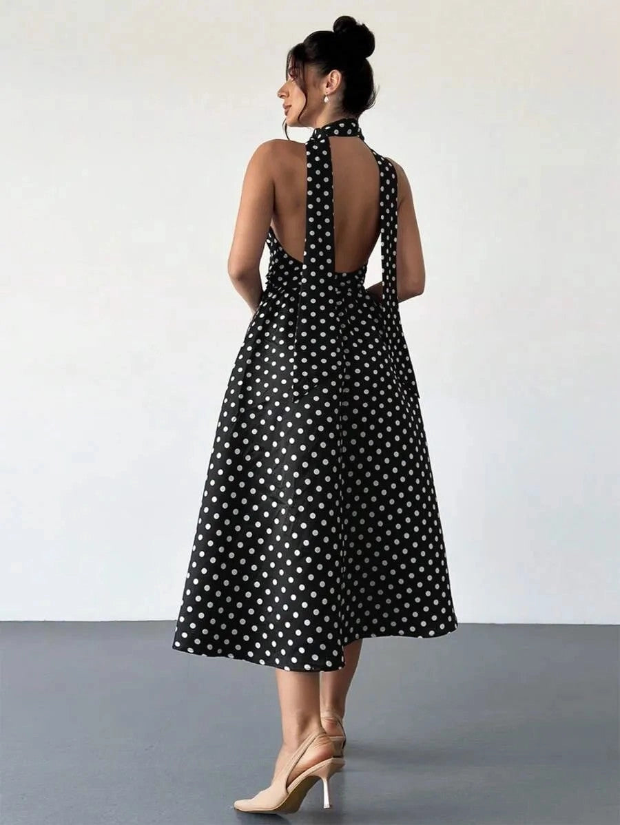 Elegant Polka Dot Satin A-Line Plunging Halter Open-Back Midi Wedding Guest Dress