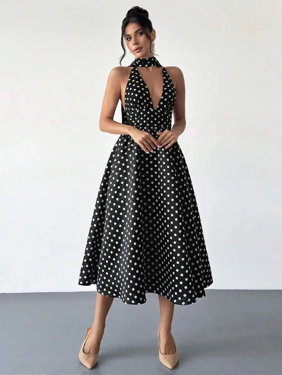 Elegant Polka Dot Satin A-Line Plunging Halter Open-Back Midi Wedding Guest Dress