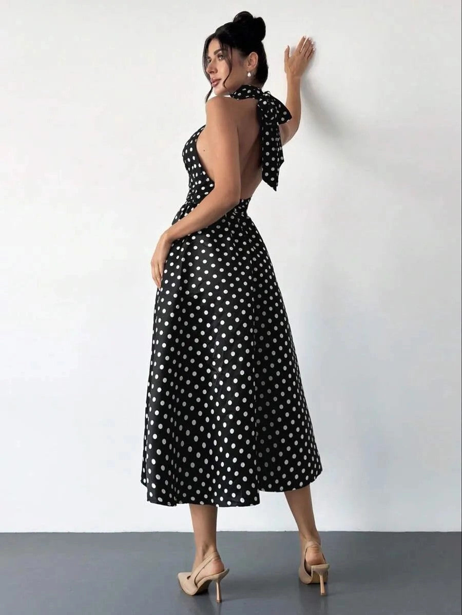 Elegant Polka Dot Satin A-Line Plunging Halter Open-Back Midi Wedding Guest Dress