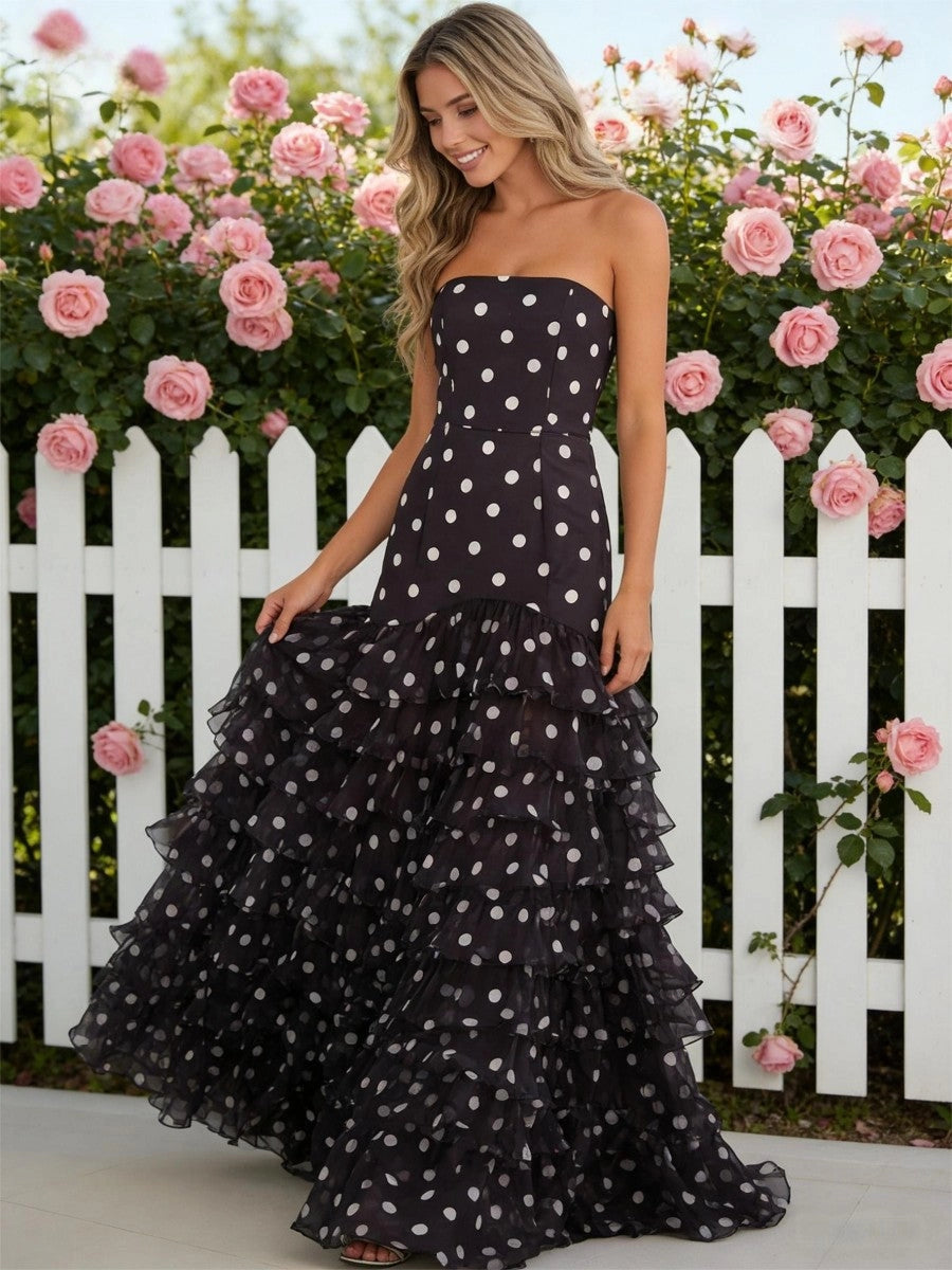 Chic Tulle Mermaid Strapless Lace-Up Tiered Polka Dot Prom Dress