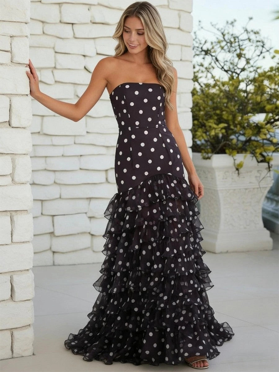 Chic Tulle Mermaid Strapless Lace-Up Tiered Polka Dot Prom Dress