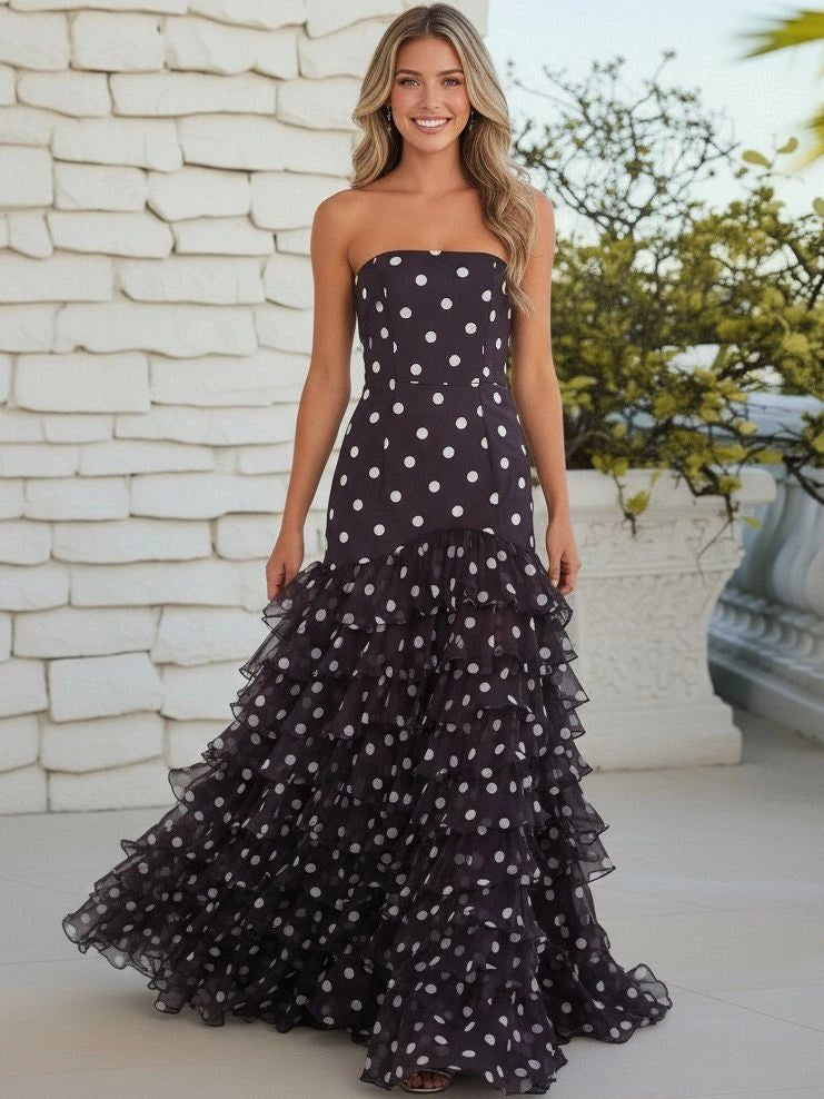 Chic Tulle Mermaid Strapless Lace-Up Tiered Polka Dot Prom Dress