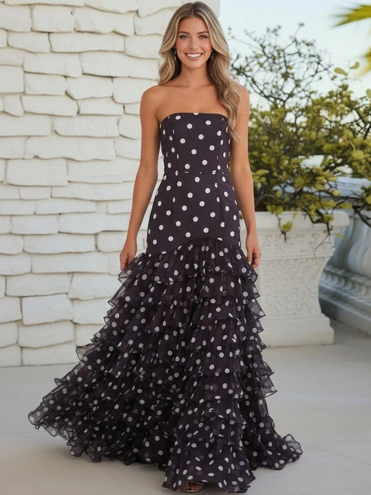 Chic Tulle Mermaid Strapless Lace-Up Tiered Polka Dot Prom Dress