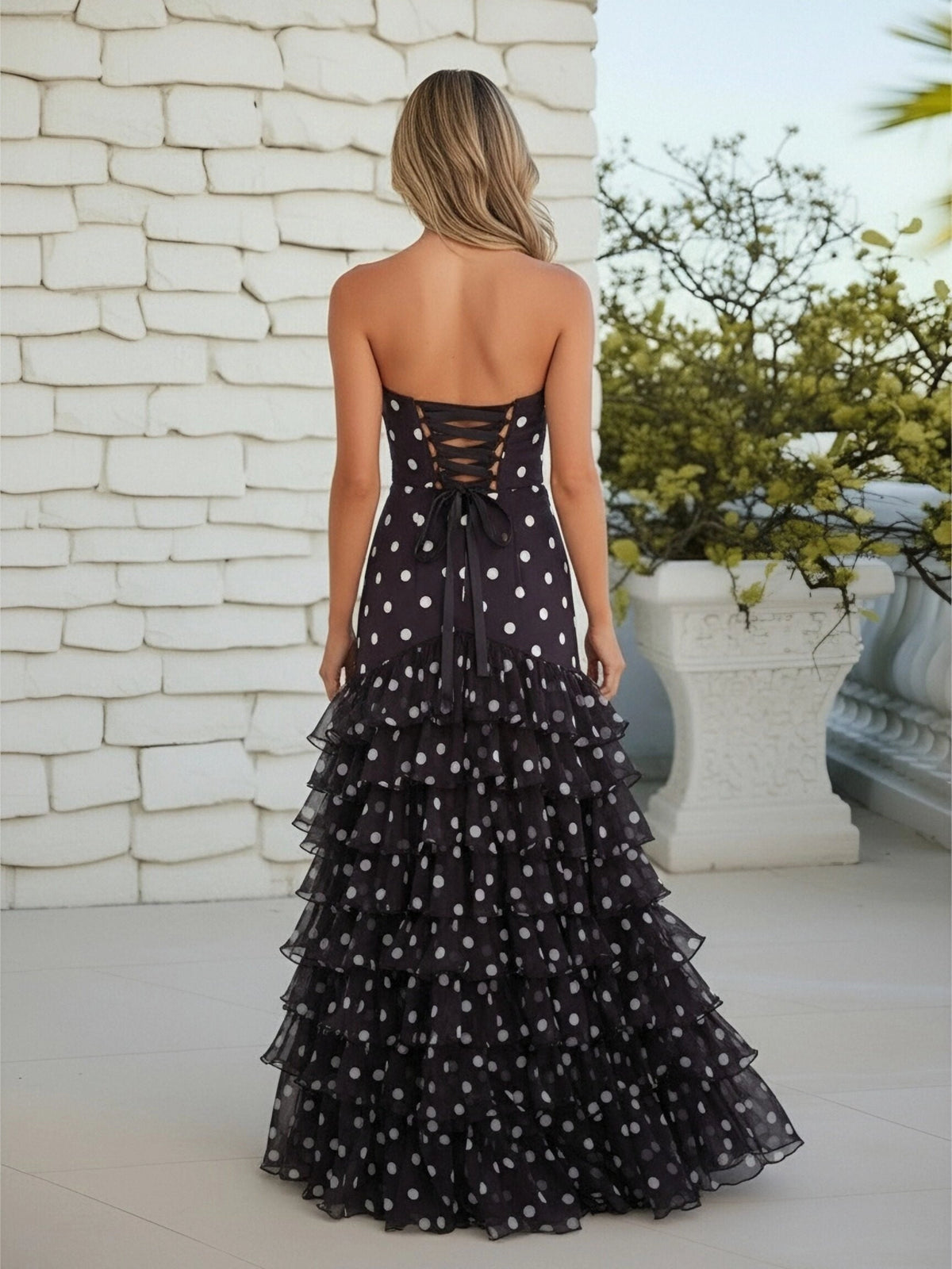 Chic Tulle Mermaid Strapless Lace-Up Tiered Polka Dot Prom Dress