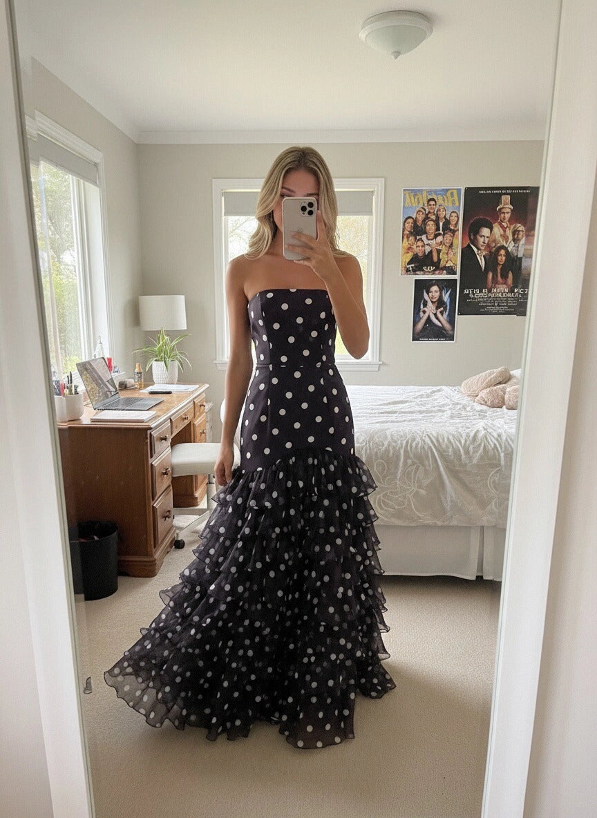 Chic Tulle Mermaid Strapless Lace-Up Tiered Polka Dot Prom Dress