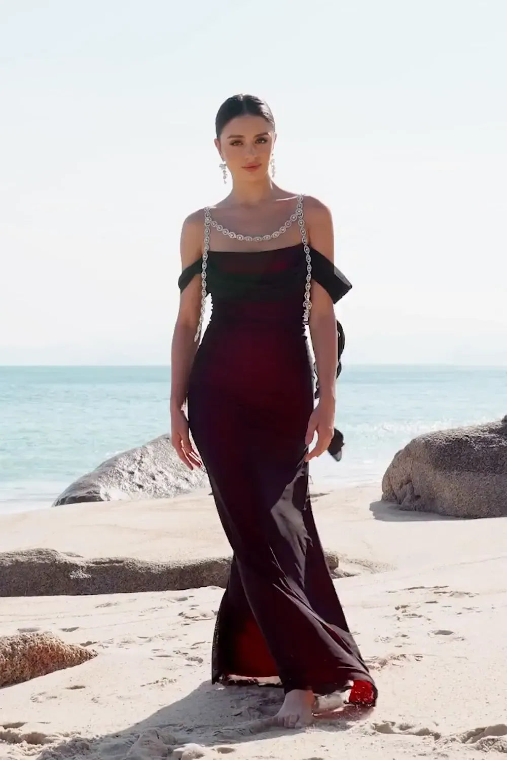 Loverlm black and red sheath prom dress with jeweled straps, draped neckline, off-shoulder sleeves and thigh-high slit, front view