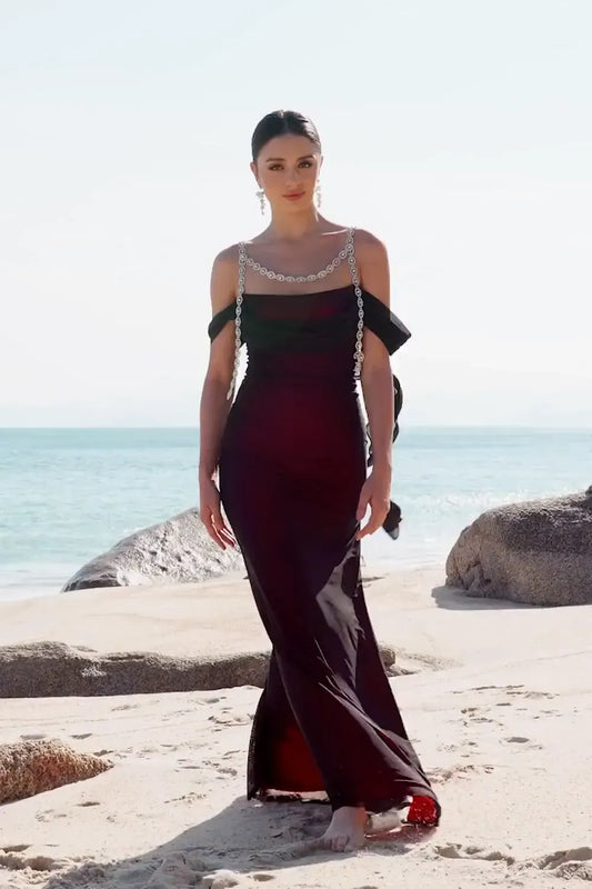 Loverlm black and red sheath prom dress with jeweled straps, draped neckline, off-shoulder sleeves and thigh-high slit, front view