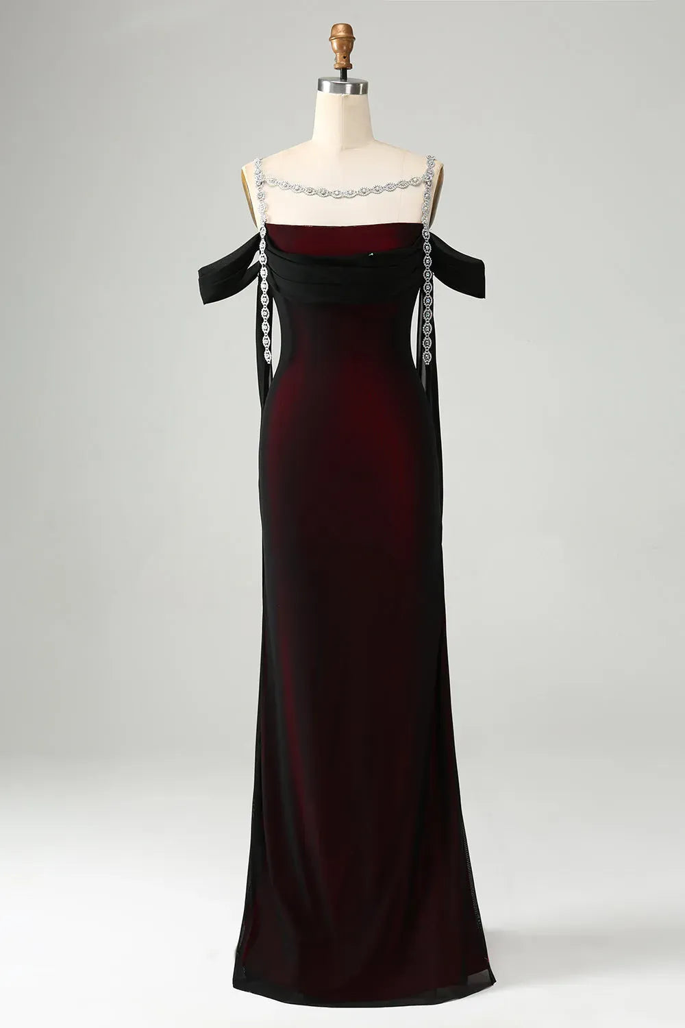 Glamorous Black and Red Sheath Draped-Neck Off-Shoulder Zipper-Back Floor-Length Prom Dress