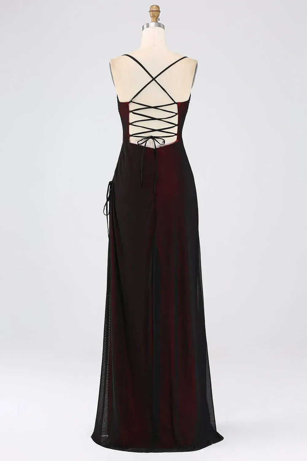 Dramatic Black Red Sheath Sweetheart Spaghetti-Strap Lace-Up Floor-Length Prom Dress