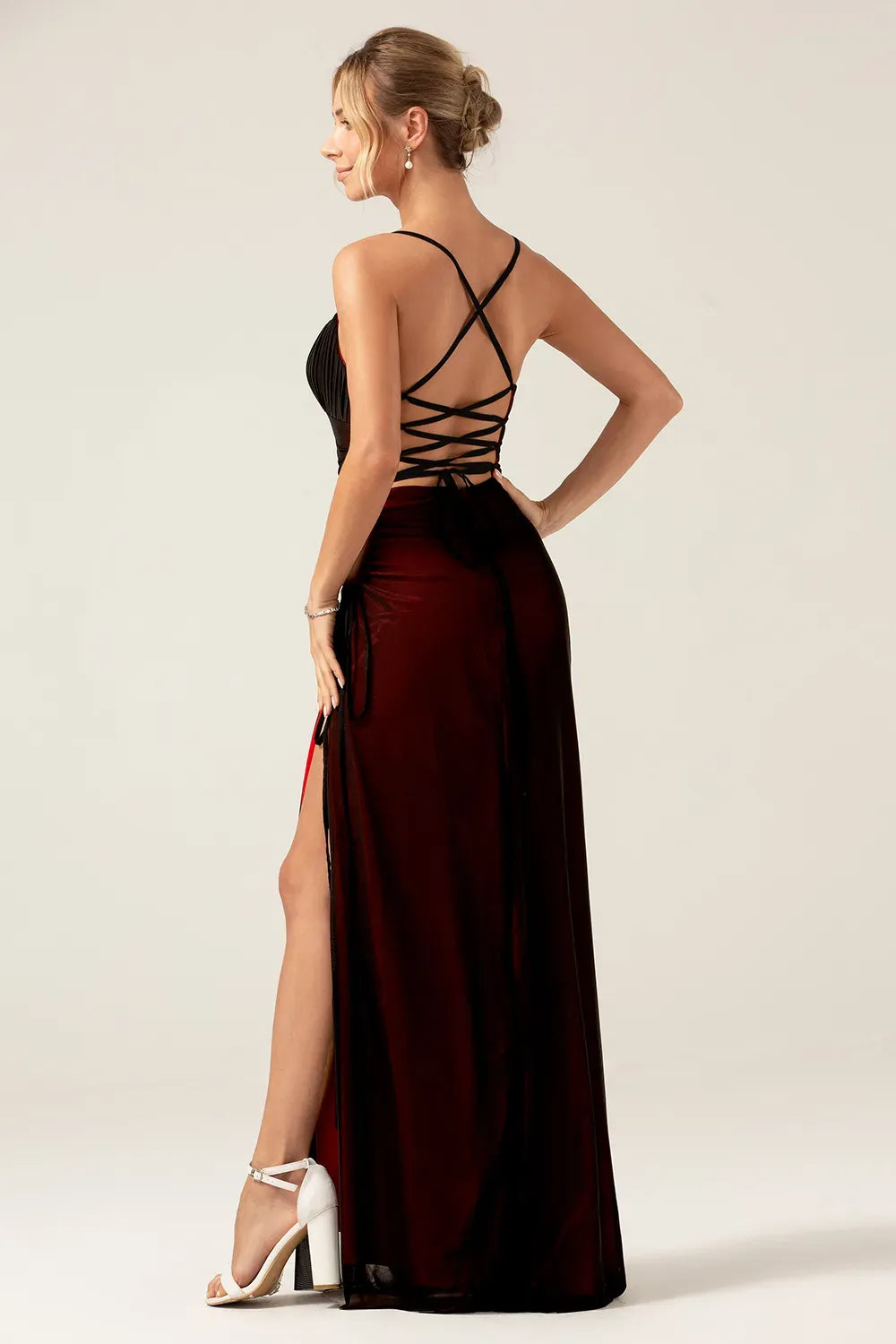 Dramatic Black Red Sheath Sweetheart Spaghetti-Strap Lace-Up Floor-Length Prom Dress