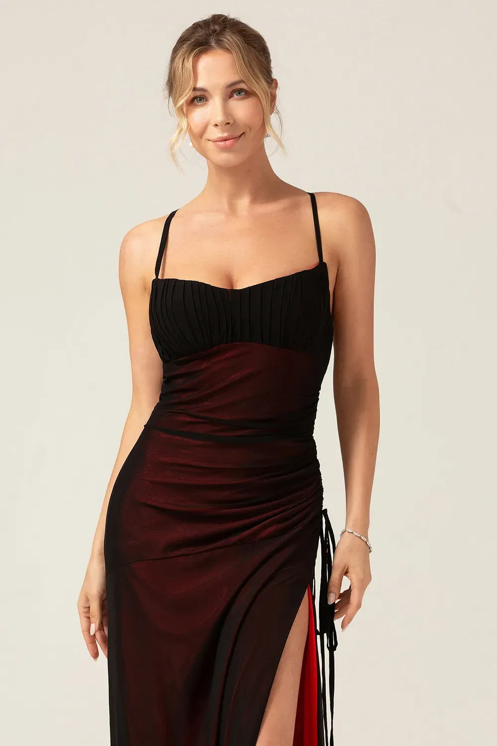 Dramatic Black Red Sheath Sweetheart Spaghetti-Strap Lace-Up Floor-Length Prom Dress