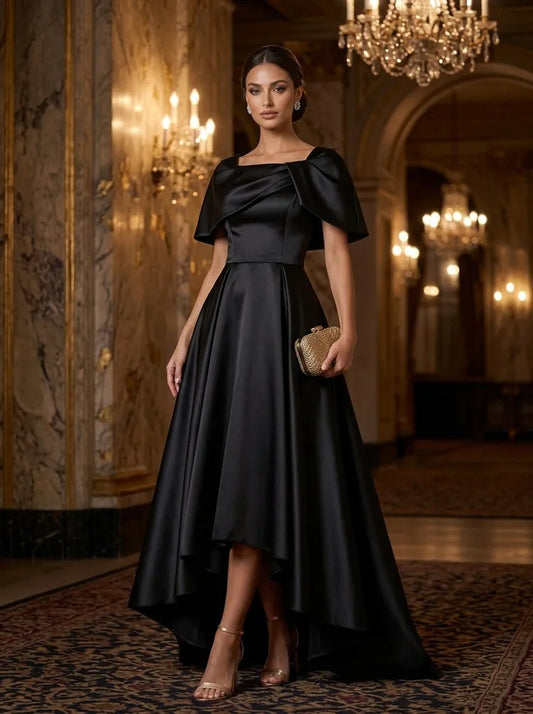 Loverlm black satin square neck cape sleeve high-low Mother of the Bride dress front view