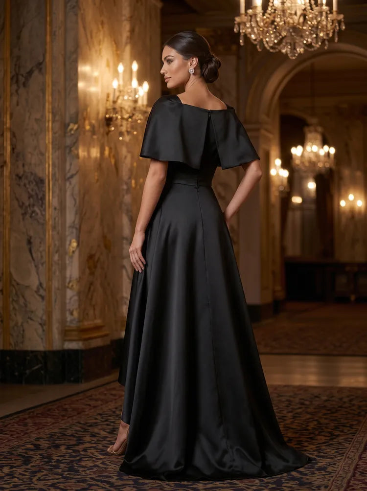 Elegant A-Line Square Neck Cape Sleeve Satin High-Low Evening Dress
