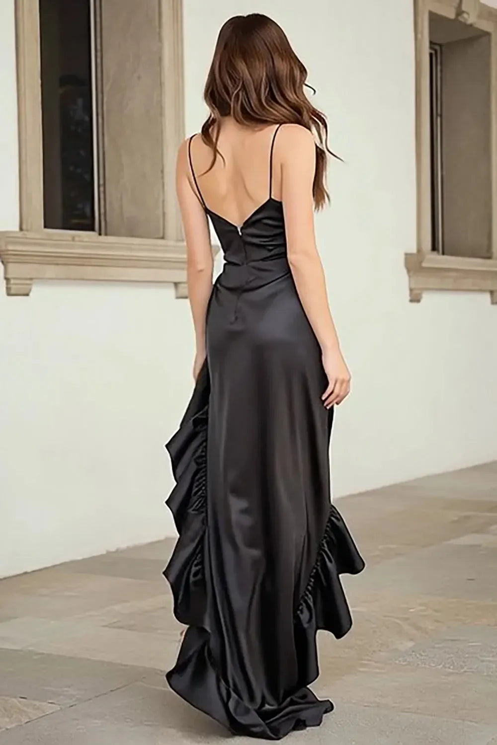 Elegant Satin Sheath Cowl Neck Spaghetti Strap V Back Prom Dress