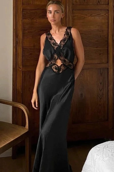 Elegant Sheath V-Neck Sleeveless Lace Satin Long Black Evening Dress