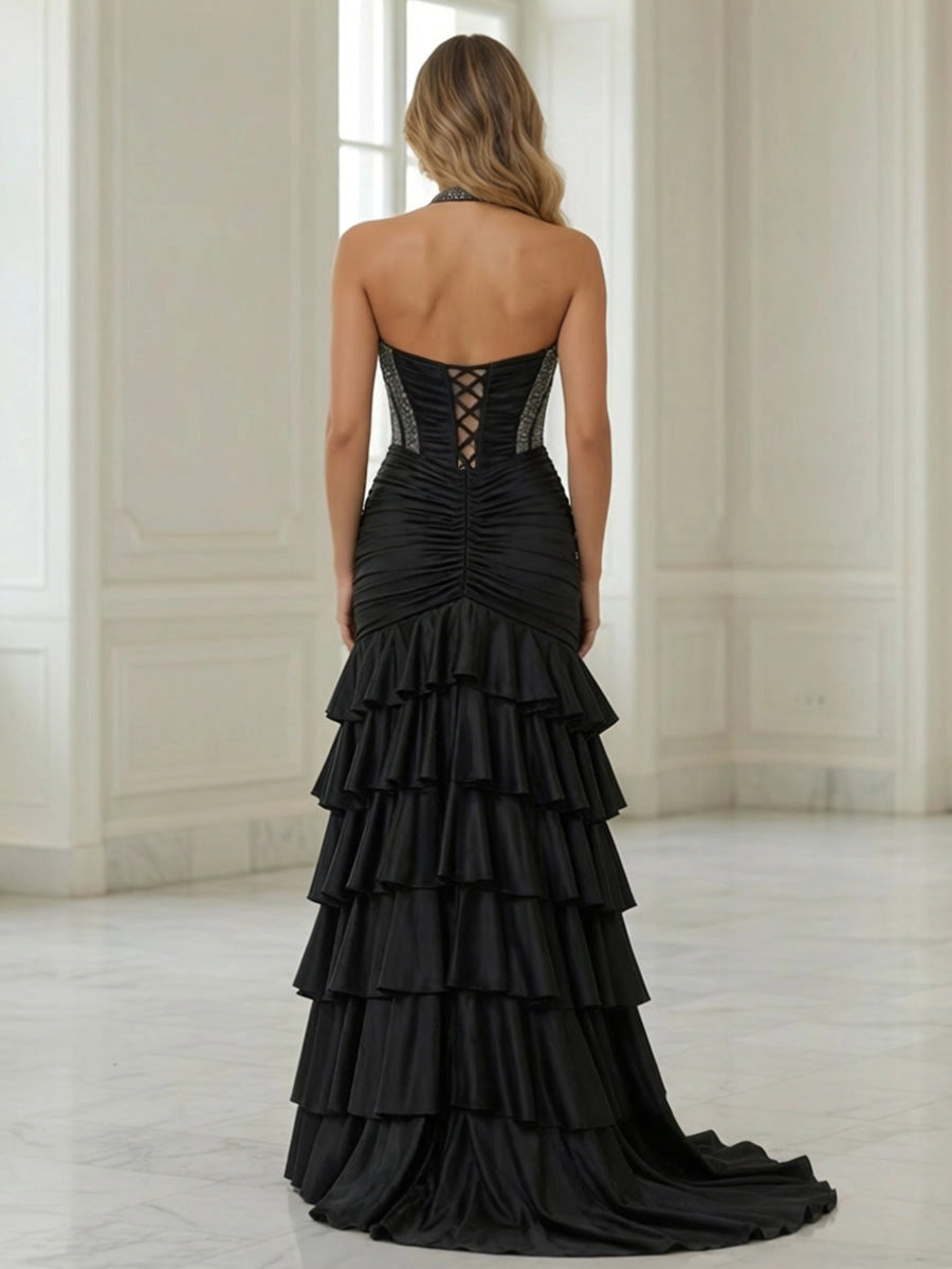 Glamorous Satin Mermaid Halter Sleeveless Lace-Up Ruffle Prom Dress