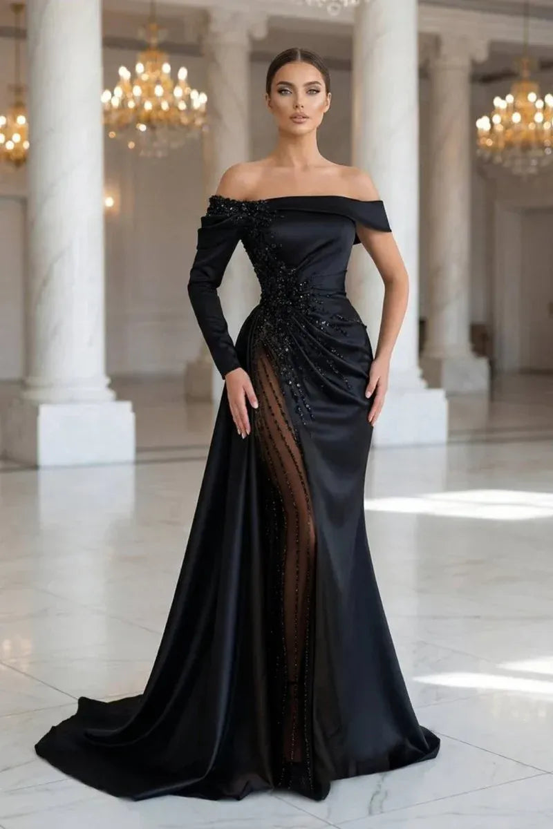 Glamorous Sheath Off-Shoulder Asymmetric Sleeve Lace-Up Back Floor-Length Evening Dress