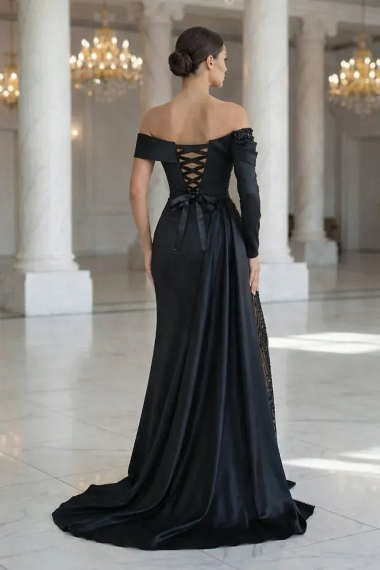 Glamorous Sheath Off-Shoulder Asymmetric Sleeve Lace-Up Back Floor-Length Evening Dress