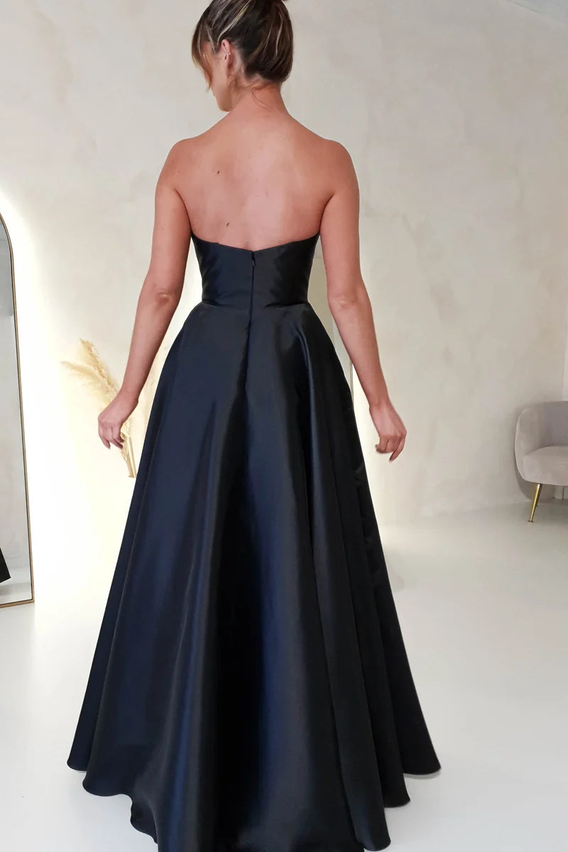 Elegant A-Line Strapless Sleeveless Zipper Back Slit Floor-Length Prom Dress
