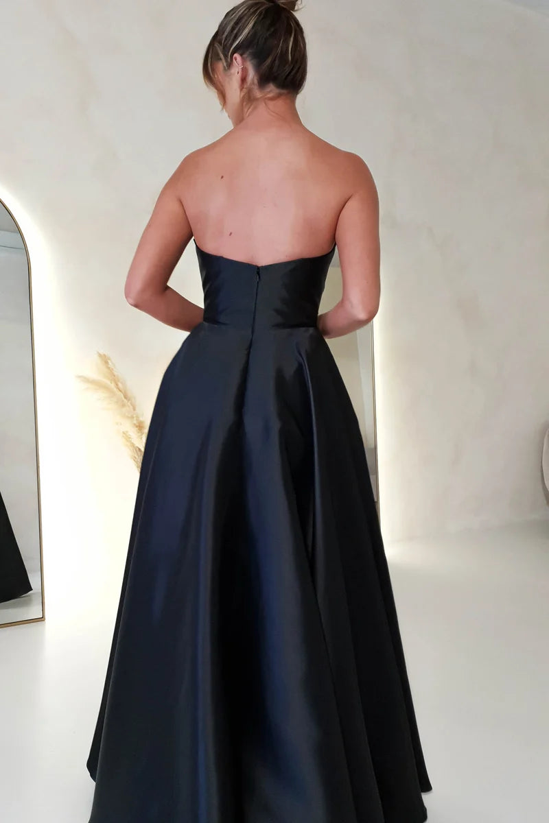 Elegant A-Line Strapless Sleeveless Zipper Back Slit Floor-Length Prom Dress