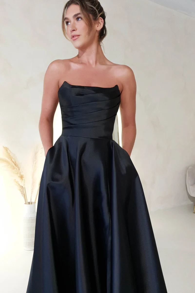 Elegant A-Line Strapless Sleeveless Zipper Back Slit Floor-Length Prom Dress
