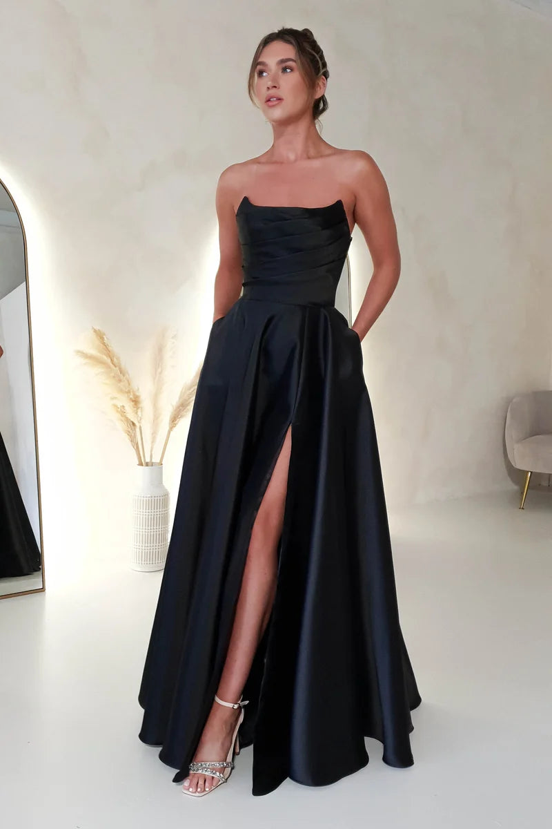 Elegant A-Line Strapless Sleeveless Zipper Back Slit Floor-Length Prom Dress