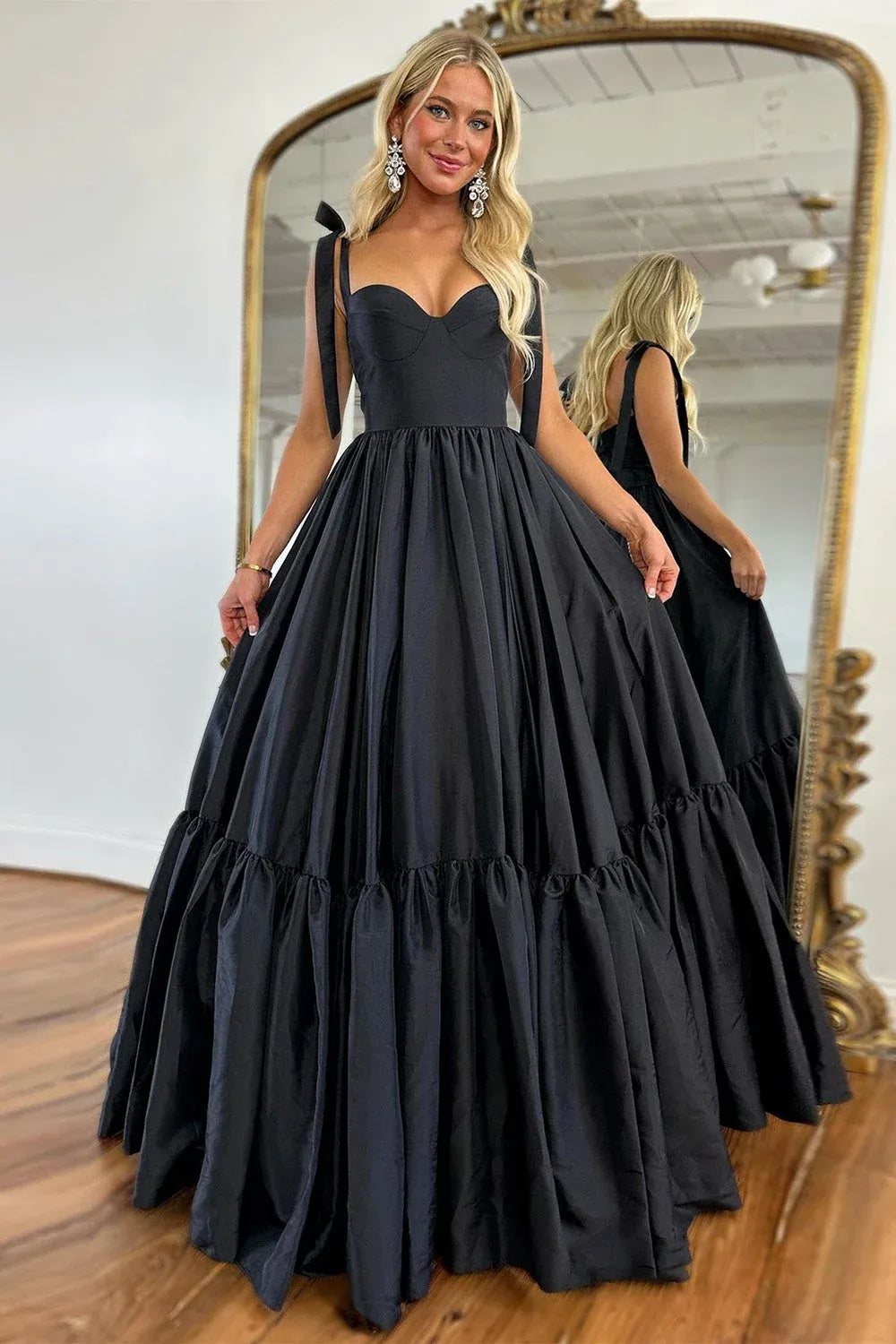 Loverlm black satin A-line prom dress with sweetheart bodice and tie straps