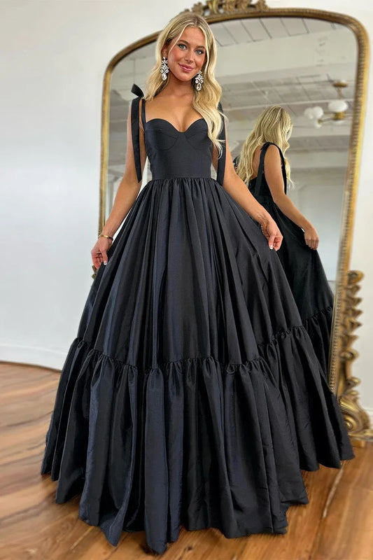 Loverlm black satin A-line prom dress with sweetheart bodice and tie straps