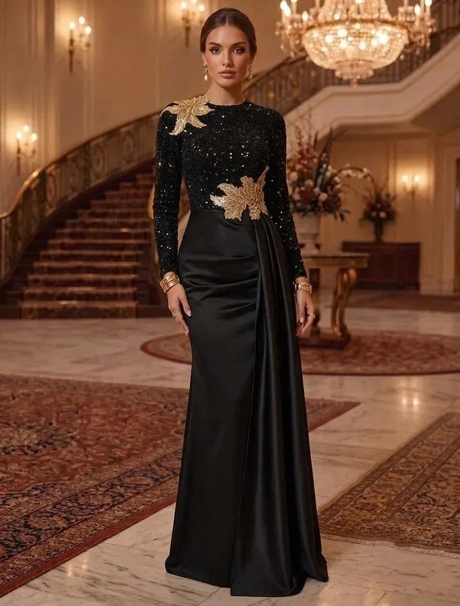 Loverlm black sequin long sleeve evening dress with gold leaf applique front view
