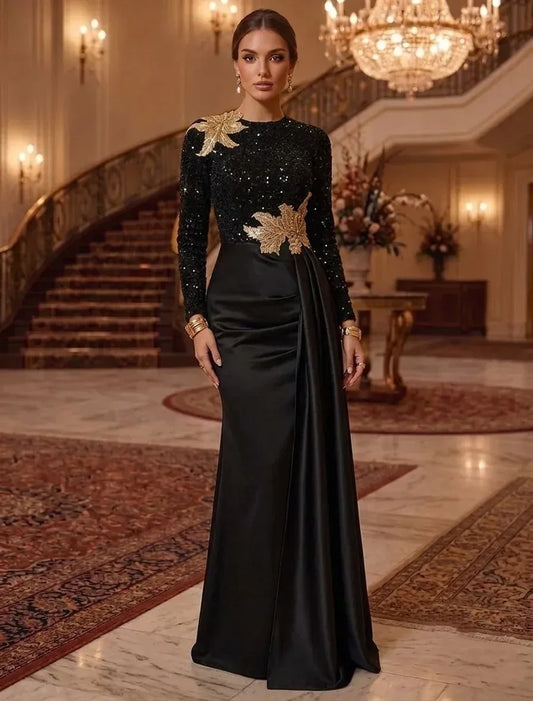 Loverlm black sequin long sleeve evening dress with gold leaf applique front view
