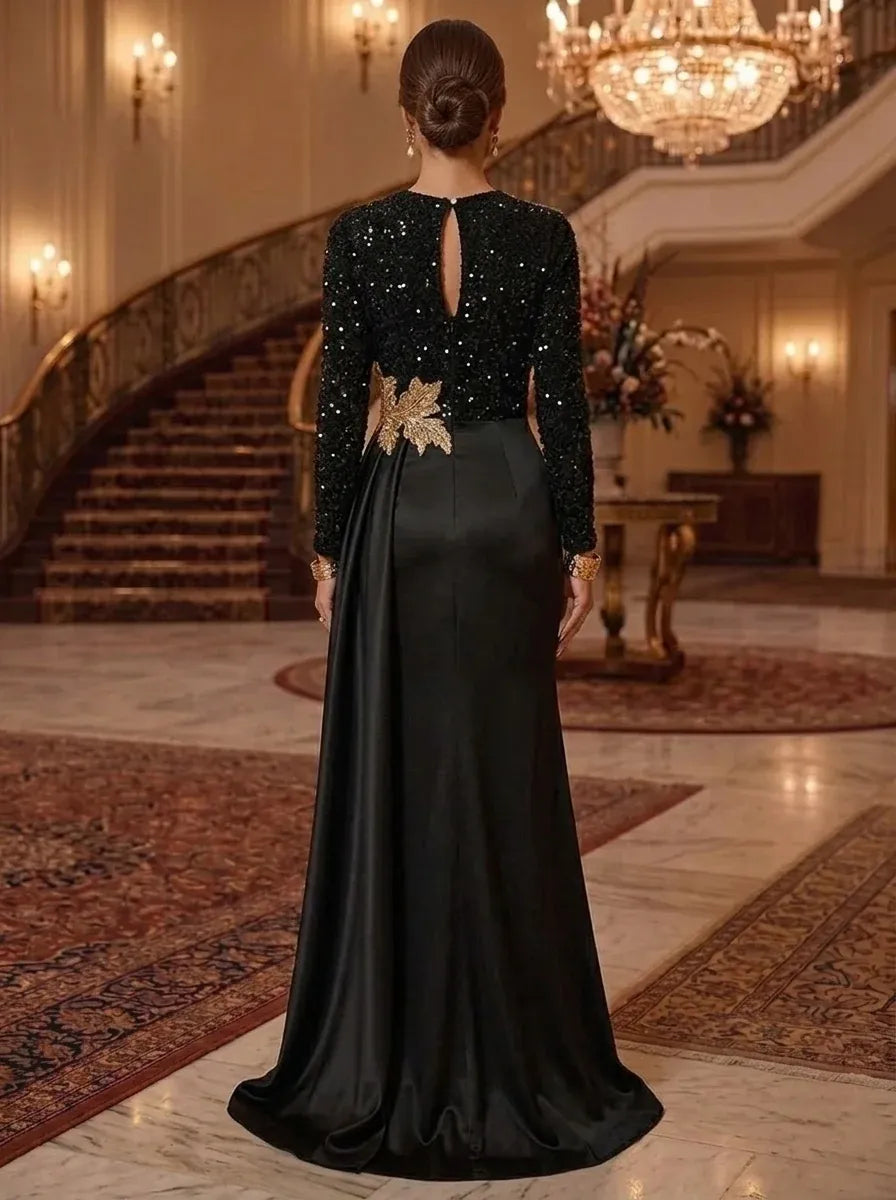 Elegant Sheath Round Neck Long Sleeve Keyhole Back Floor Length Evening Dress