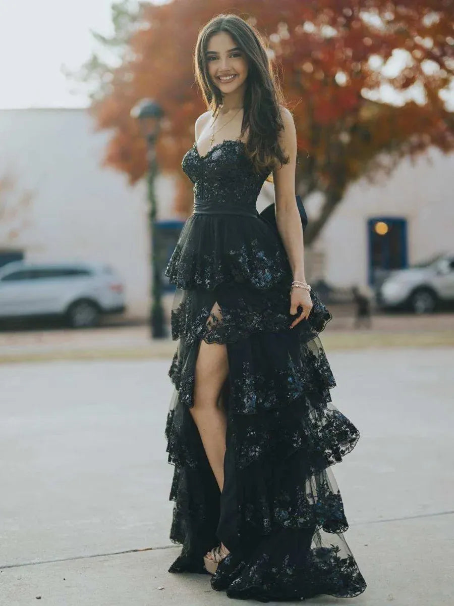 Loverlm black sequin lace A-line prom dress with sweetheart neckline and layered ruffle skirt front view