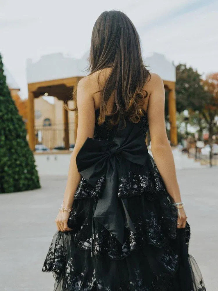 Glamorous Sequin A-Line Sweetheart Strapless Bow-Back Floor-Length Prom Dress